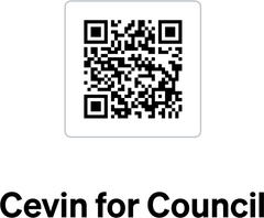 QR code linking to the online donation page for Cevin Cathell for Santa Barbara City Council